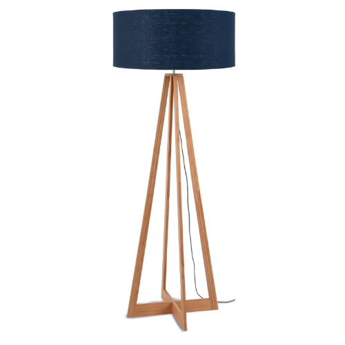 Vloerlamp bamboe 4-poot Everest h.158cm/kap 60x30cm, linnen blue denim
